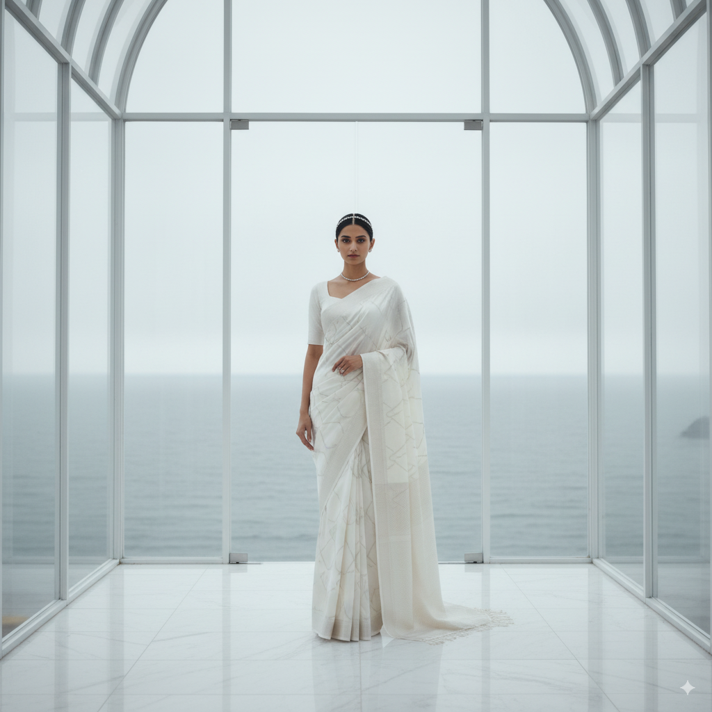 Futuristic minimalist Nano Banana Saree wedding outfit, made of white nanotech silk with shimmering silver patterns, bride standing in a glass chapel by the sea, Vogue fashion photography style.